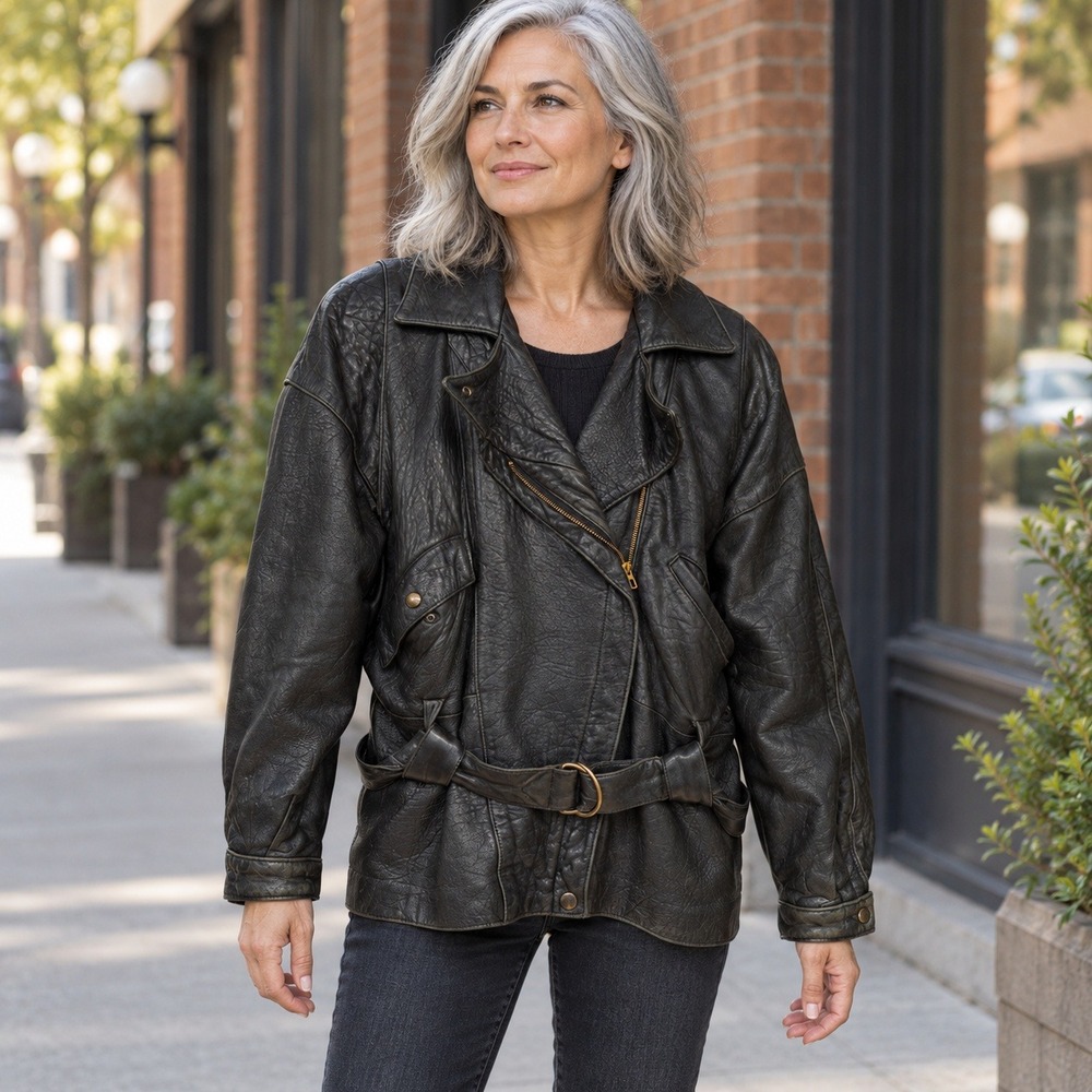 Melanzona Womens M Black Leather Moto Jacket Belted Made USA Vintage